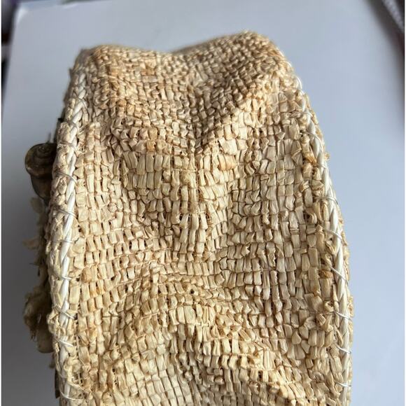 Vintage 1960 Caron Straw Wicker Round Seashell Embellished Purse Handbag Beige - Picture 7 of 14
